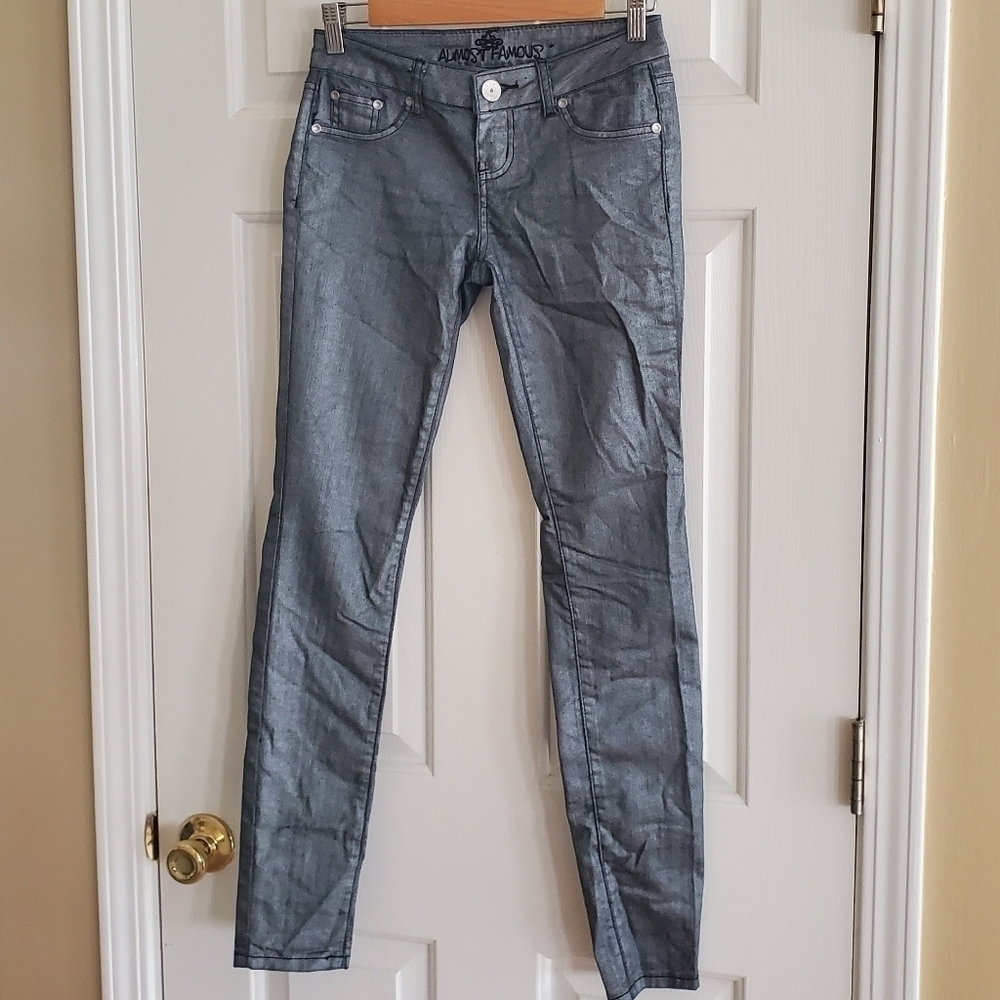 Almost Famous Metalic coated jeans size 3